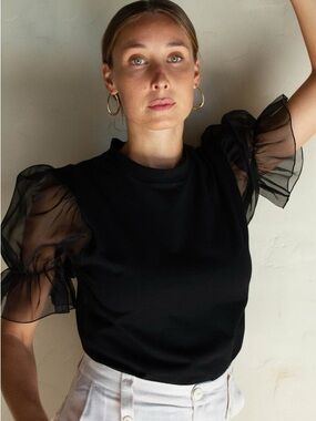 NWOT Rita Row Lorenta Black Silk Organza Puff Sleeve Top Sz Small